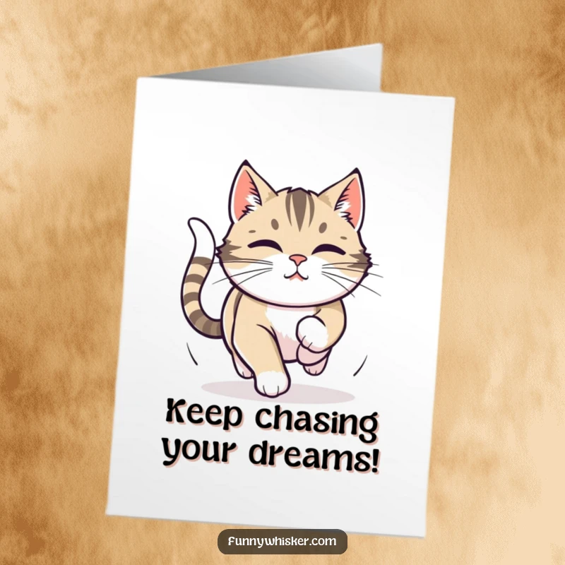 Free Printable Congratulations Card showing a cat with focused, twitching whiskers intensely chasing its own tail in a funny pursuit.