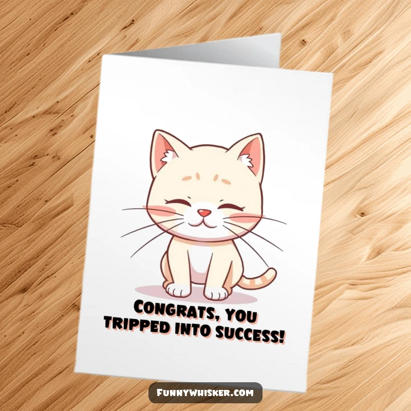Funny free printable congratulations card featuring a cat with long whiskers falling over its feet.