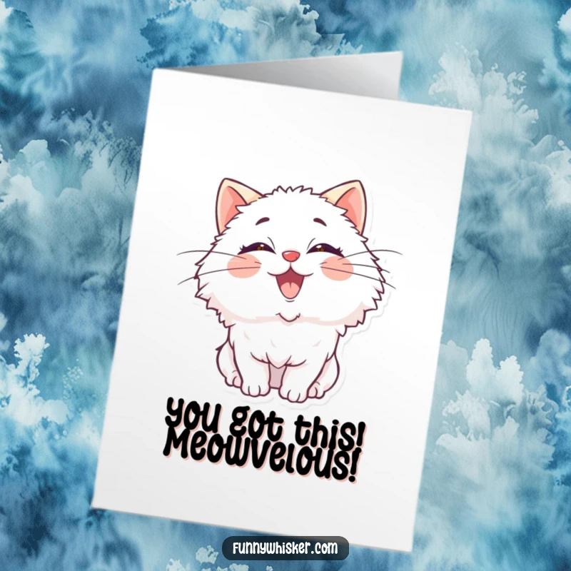 Funny Free Printable Congratulations Card: Fluffy cat with oversized wiggling whiskers, expressing delight, celebrating success, downloadable art.