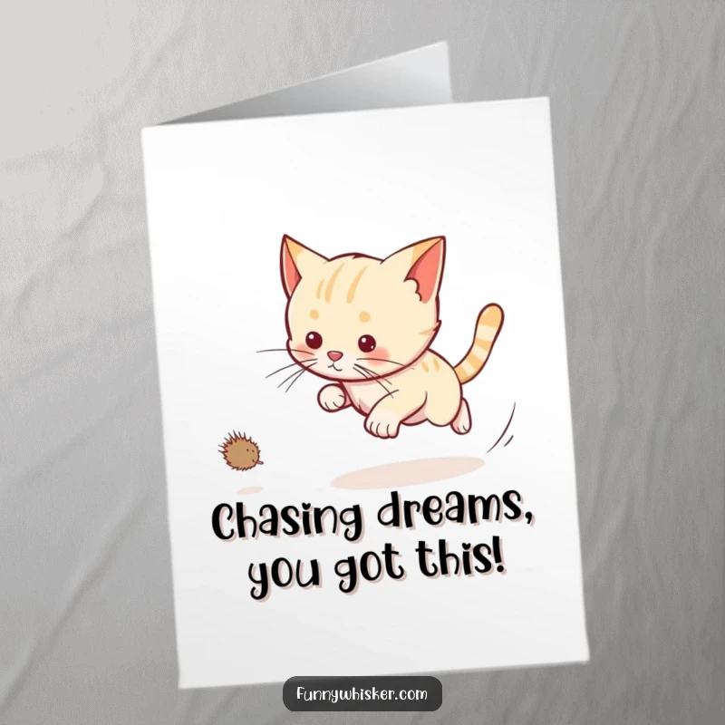 Funny Free Printable Congrats Card: A cat vigorously chases a dust bunny, whiskers flying, celebrating a win.