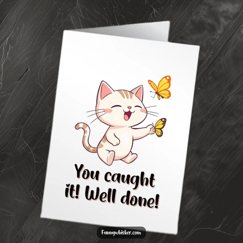 Funny Free Printable Congratulations Card: Energetic Cat Leaping After a Butterfly in Celebration