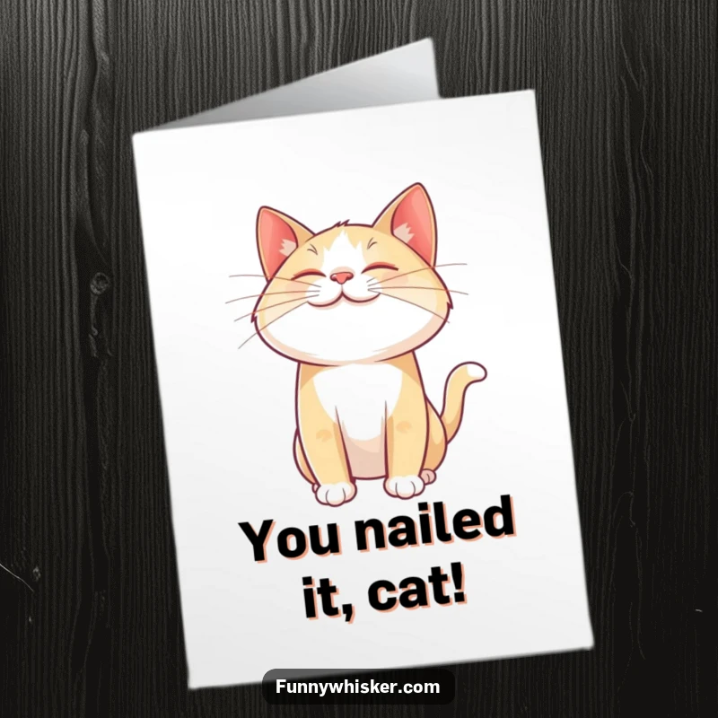 Funny Free Printable Congrats Card: Cat with a giant, joyful whisker twitching mid-air, celebrating success.