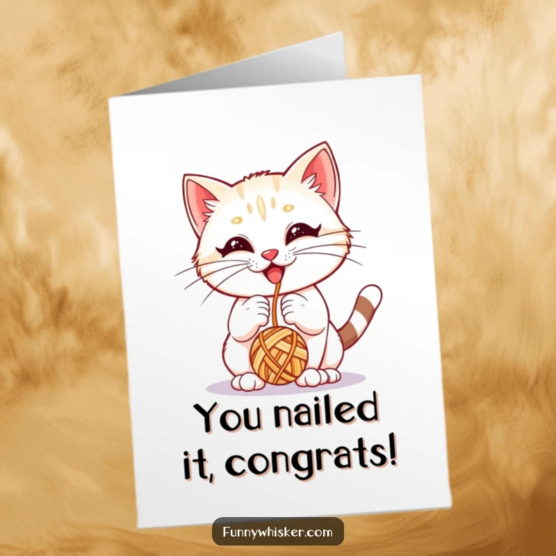 Funny free printable congratulations card: A kitten with huge whiskers enthusiastically plays with a dangling yarn ball.