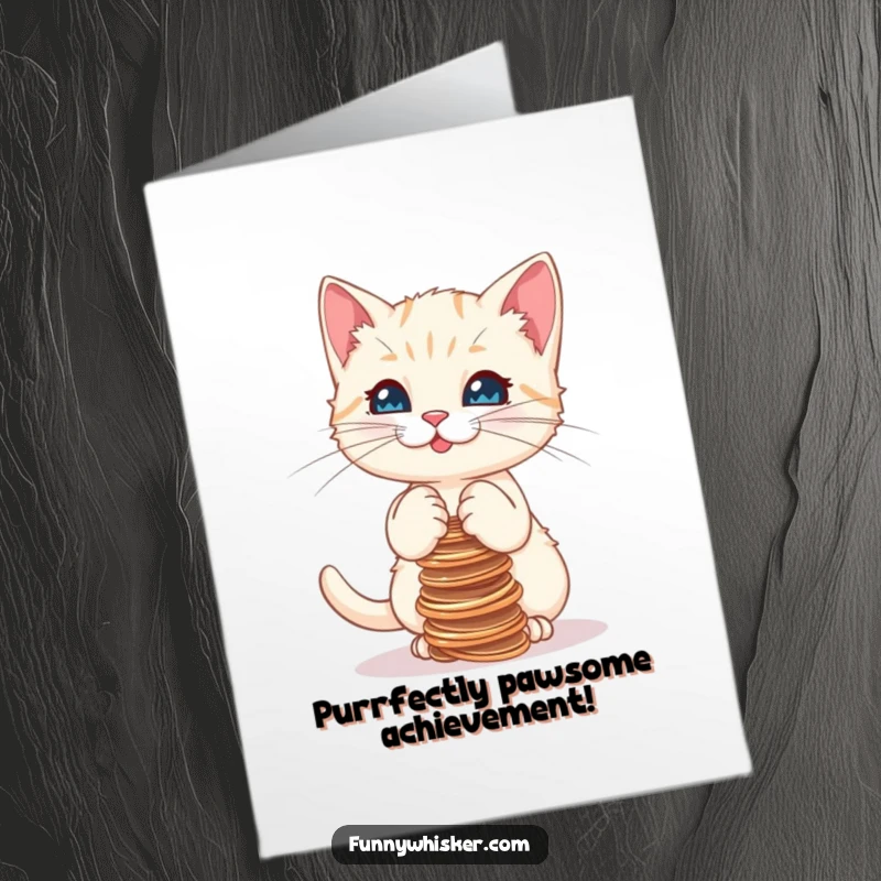 Funny Free Printable Congrats Card: A cute kitten wobbles precariously with a stack of strings, celebrating a victory.