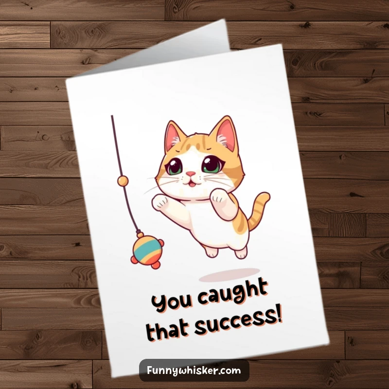 Funny Free Printable Congratulations Card: Cat with oversized twitching whiskers leaping energetically for a toy, celebrating success.