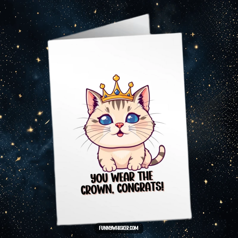 Free Printable Congratulations Card with a funny regal cat sporting a giant whisker crown, perfect for celebrating wins.