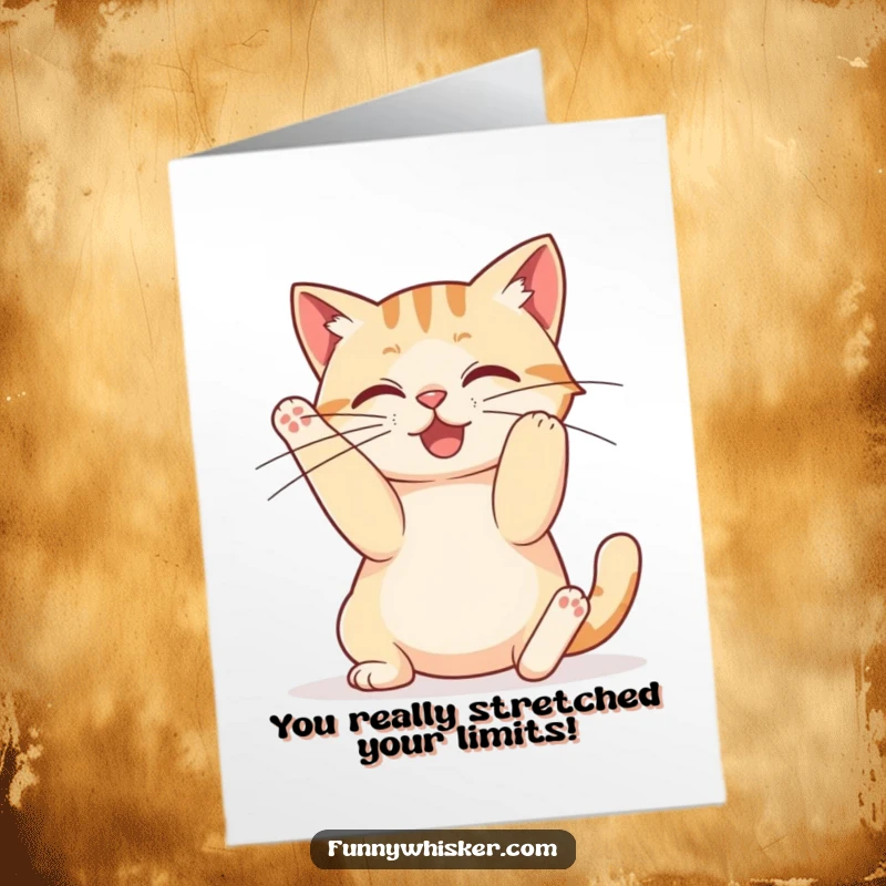 Free Printable Congratulations Card: A cat performing an extreme stretch, its whiskers elongating dramatically for comedic effect. Easy print.