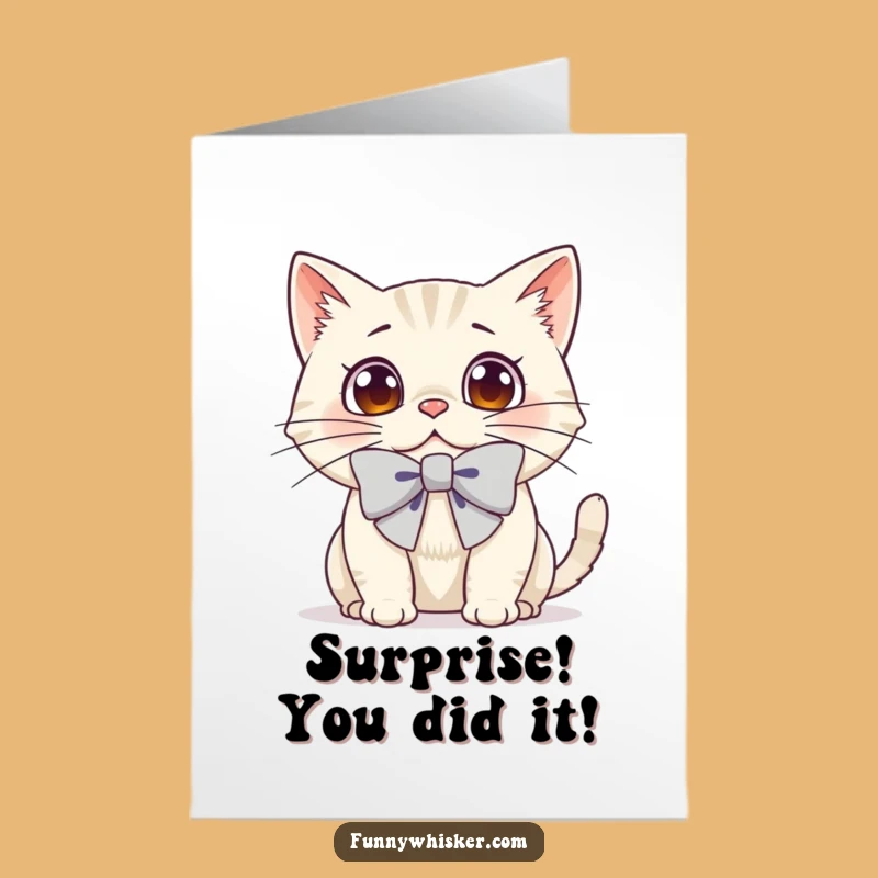Free Printable Congrats Card: Surprised Cat Bow, Celebrating with Humor