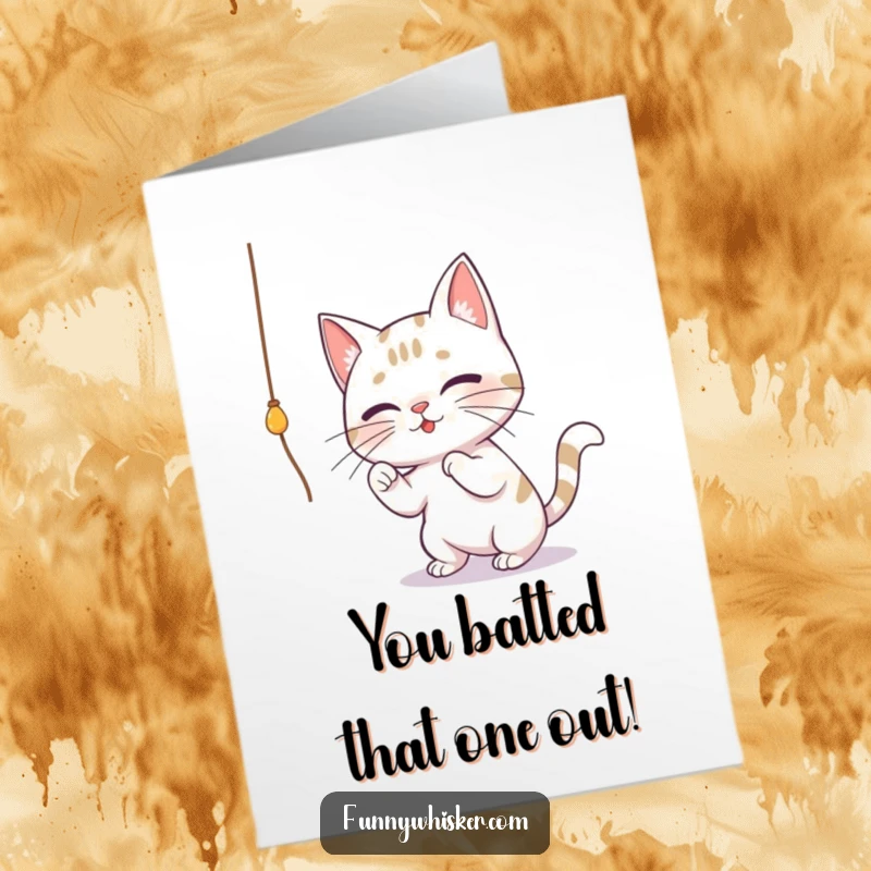 Funny Free Printable Congrats Card: An adorable cat with exaggerated whiskers playfully batting at a string, celebrating your success.
