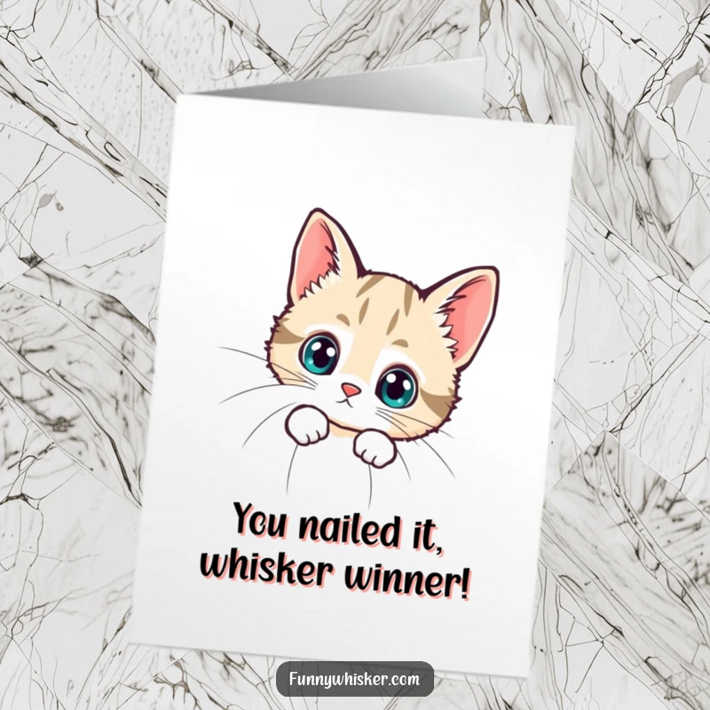 Funny Free Printable Congratulations Card: Small cat peeking behind a gigantic whisker, wide-eyed, perfect for celebrations.