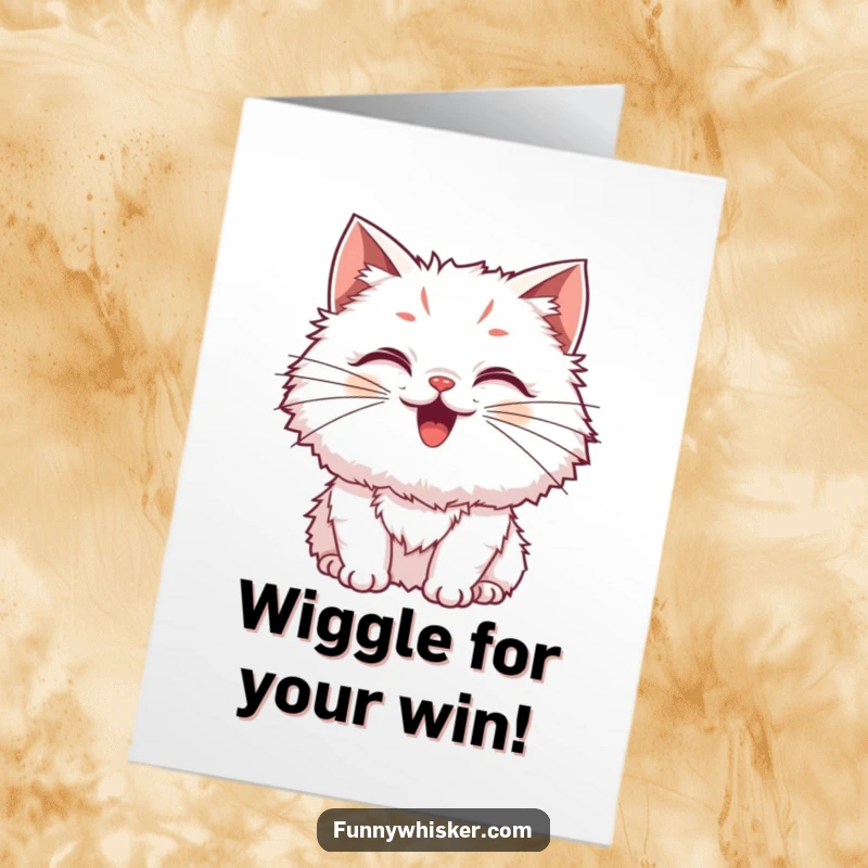 Funny Free Printable Fluffy Cat Congratulations Card: A fluffy cat with wiggling whiskers, celebrating a wonderful success.