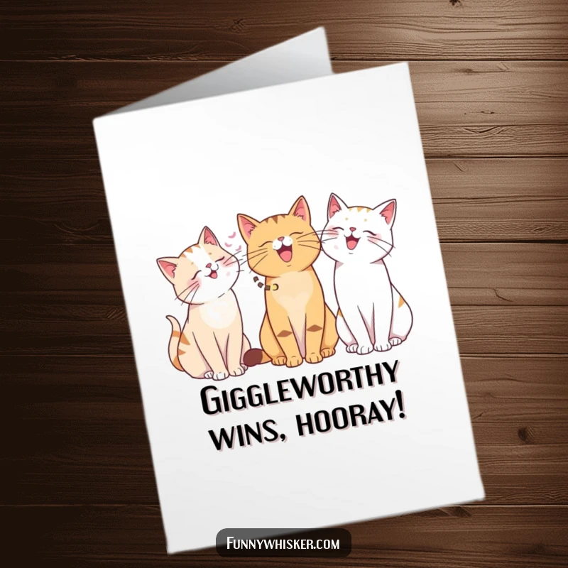 Funny Free Printable Congrats Card: A team of cats with expressive whiskers share a collective giggle, celebrating your win.