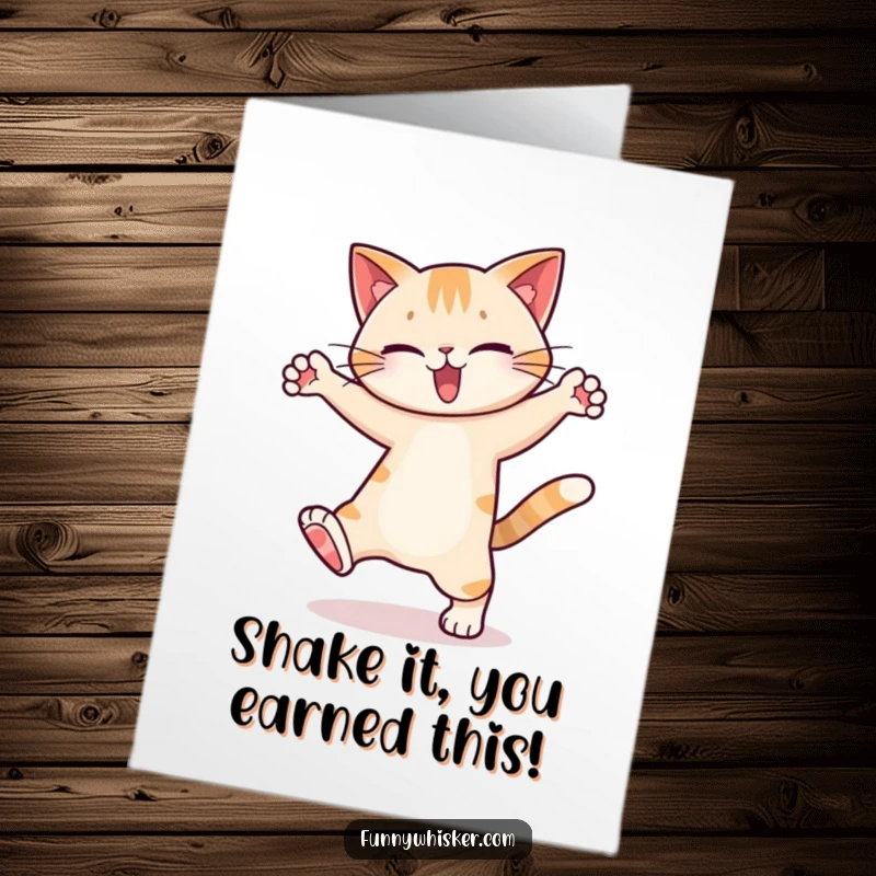 Funny Free Printable Congratulations Card: A cat character is captured mid-dance with its legs flailing in exaggerated, comical movements, celebrating.