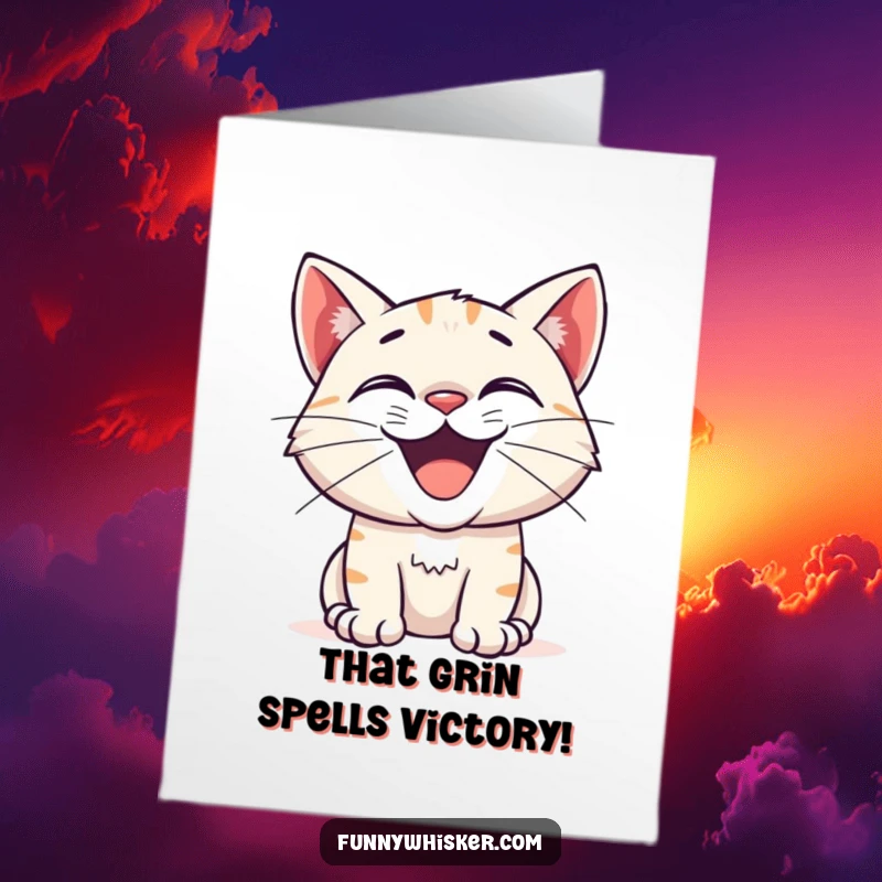 Funny Free Printable Congrats Card: An excited cat with a wide grin and twitching whiskers, celebrating your amazing news.