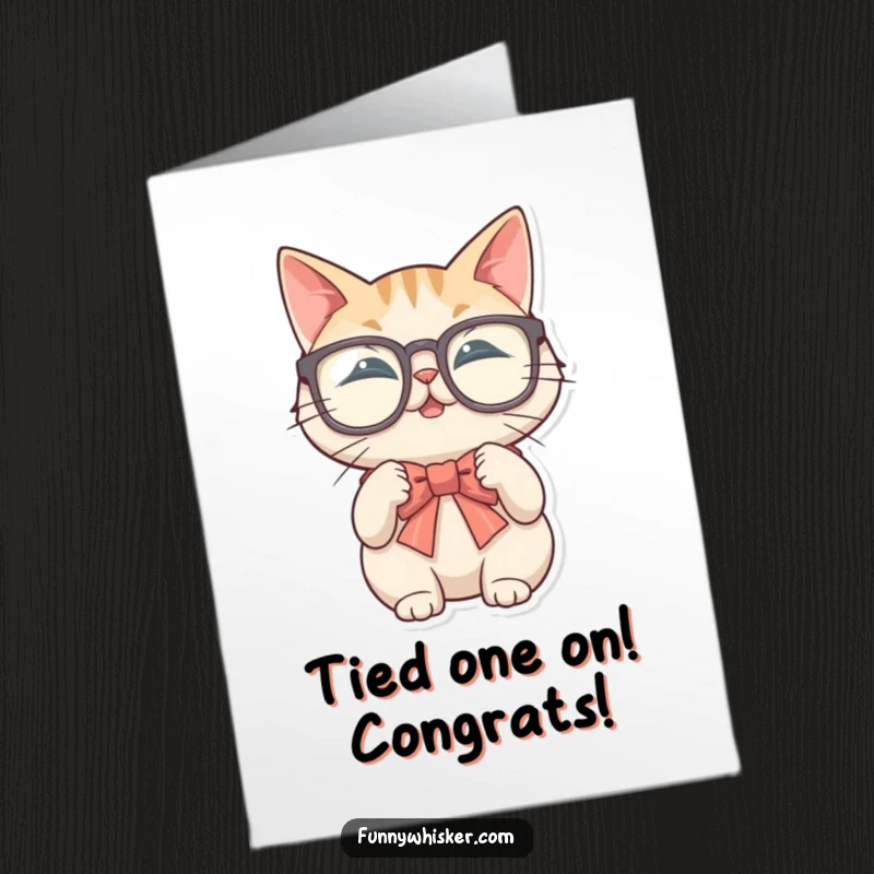 Funny free printable congratulations card: A cat in oversized glasses wrestles with tying a bow using its whiskers.