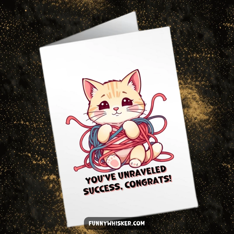 Funny Free Printable Congratulations Card: Cat in yarn mess, looking playfully innocent, a great downloadable art.