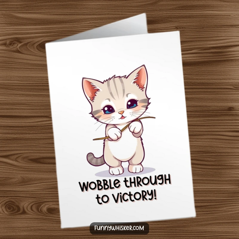 Funny free printable congratulations card: a kitten precariously balances on a single, unstable whisker, looking determined.