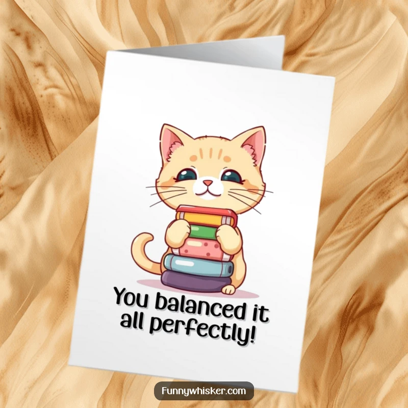Free Printable Funny Congratulations Card: A cat balances objects precariously on its whiskers in celebration.
