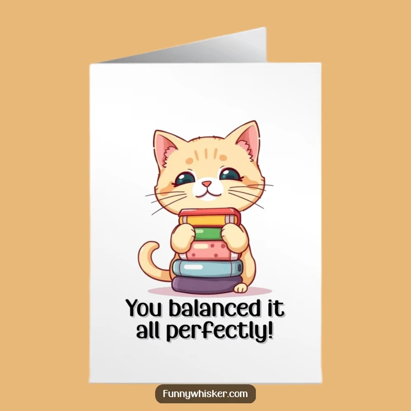 Free Printable Cat Balancing Card: Whiskers Juggle Congrats