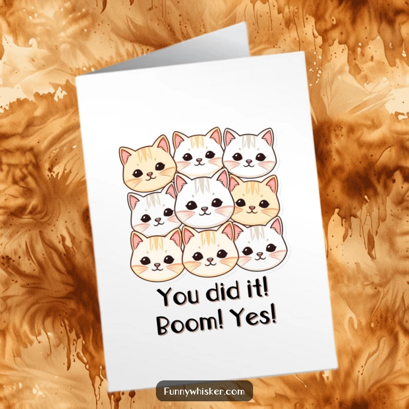 Funny Free Printable Congrats Card: A group of small, round cat faces with vibrating whiskers, cheering loudly!