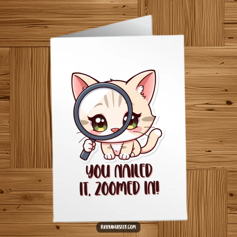 Funny Free Printable Congratulations Card: A wide-eyed cat character examines something closely through a magnifying glass, with intense curiosity.