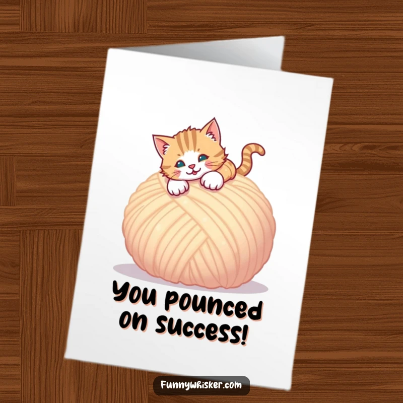 Free Printable Congratulations Card: A cat mid-pounce onto a giant fluffy yarn ball, embodying playful excitement. Easy print.