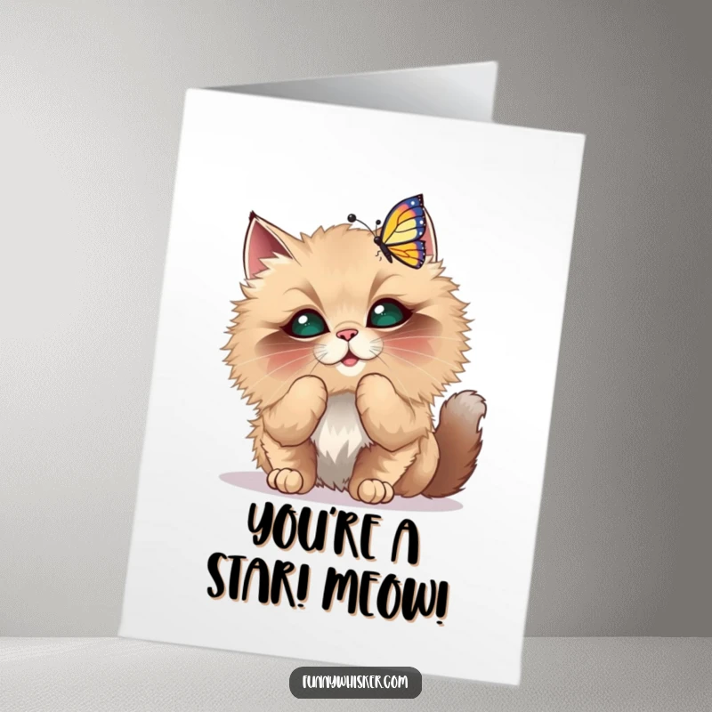 Funny Free Printable Congratulations Card featuring a fluffy cat with oversized whiskers playfully batting at a dancing butterfly.