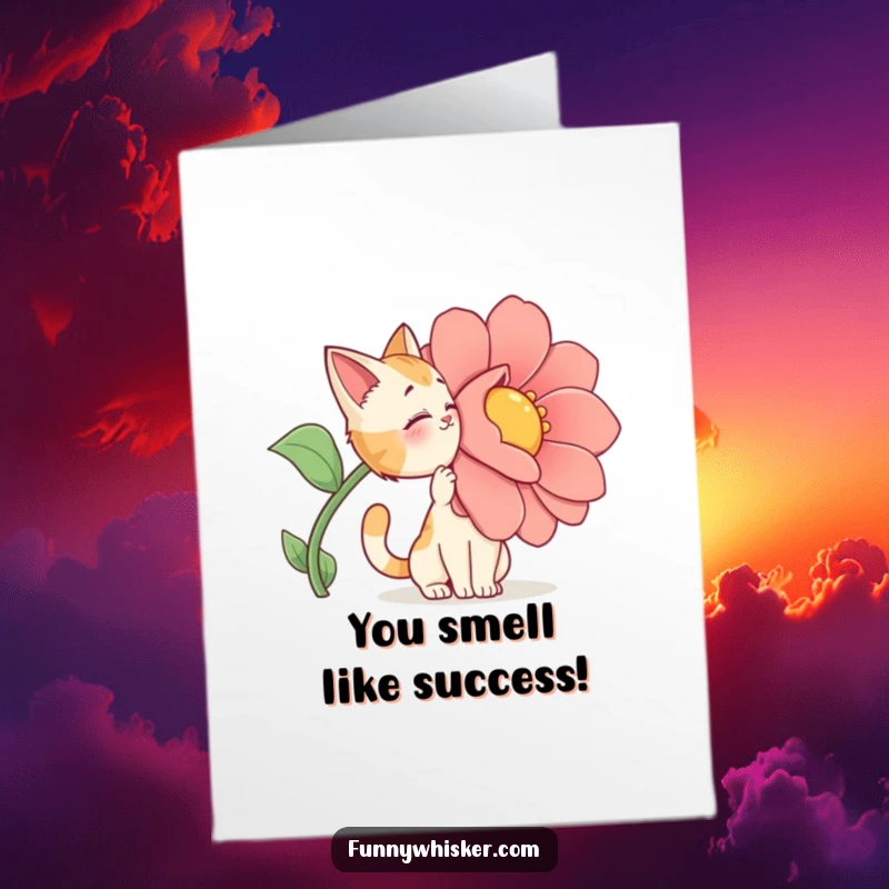 Funny Free Printable Congratulations Card: A cat character dramatically inhales the scent from a massive, vibrant cartoon flower, lost in the aroma.