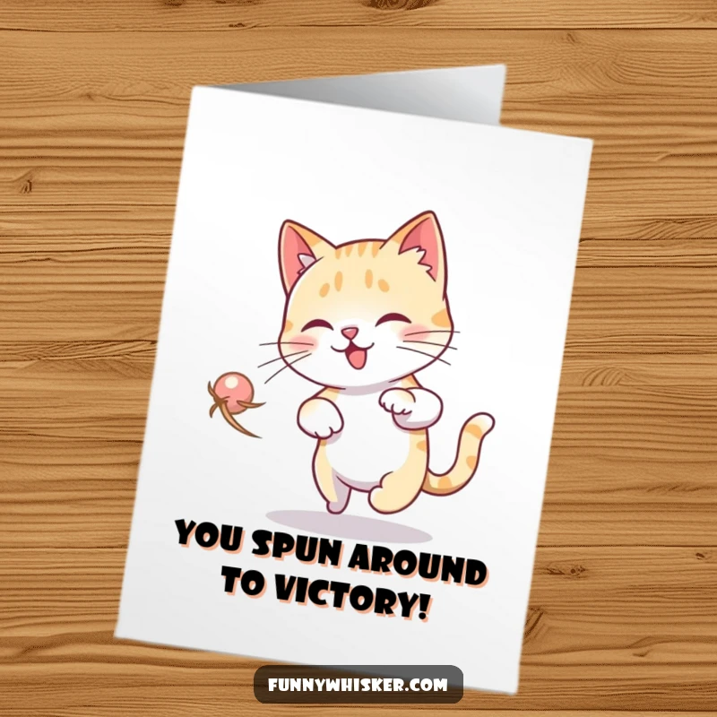 Funny Free Printable Congratulations Card: A cat in a dizzy loop chasing its whisker, celebrating your triumph with chaotic feline energy.