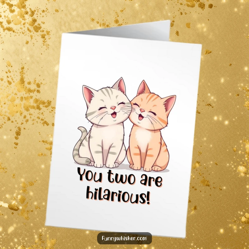 Funny Free Printable Congratulations Card: Two cats with exaggerated whiskers laughing together, celebrating achievements, friendship.
