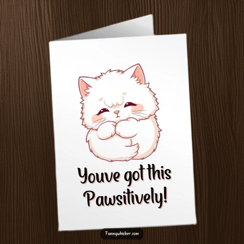 Funny Free Printable Congratulations Card: Fluffy cat with halo whiskers, celebrating a win, humorous downloadable card.