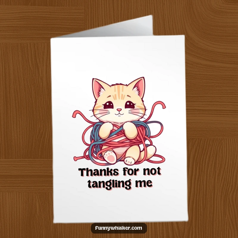 Funny Free Printable Thank You Card: Cat tangled in yarn, sending thanks with a mischievous look, printable art.