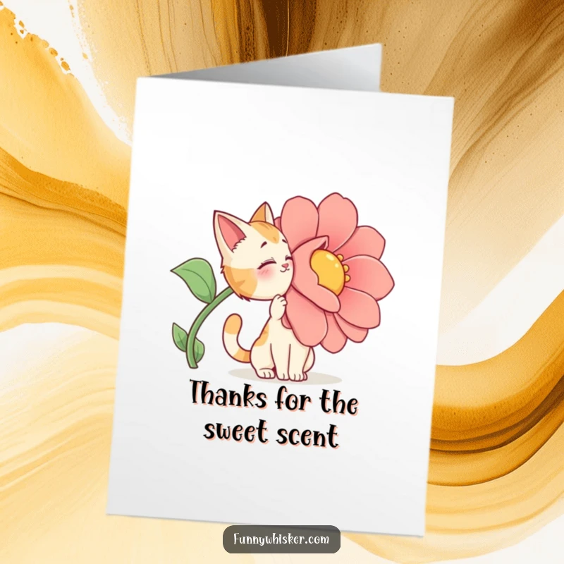 Funny Free Printable Thank You Card: A cat character dramatically inhales the perfume of a giant, exaggerated cartoon flower, conveying deep thanks.