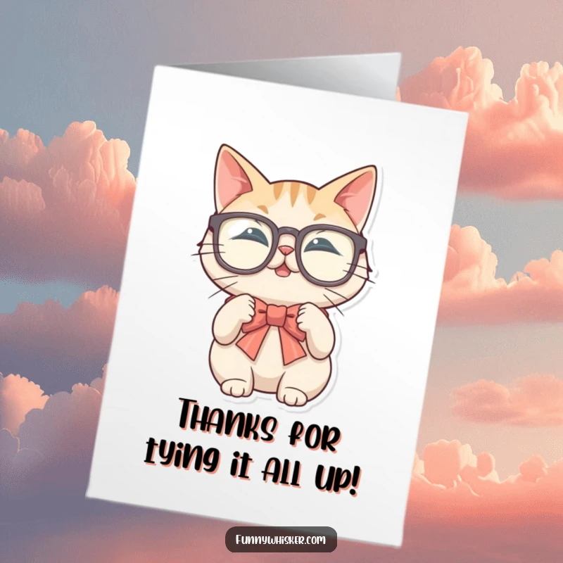 Funny free printable thank you card: A cat wearing large glasses struggles to form a bow tie with its whiskers.