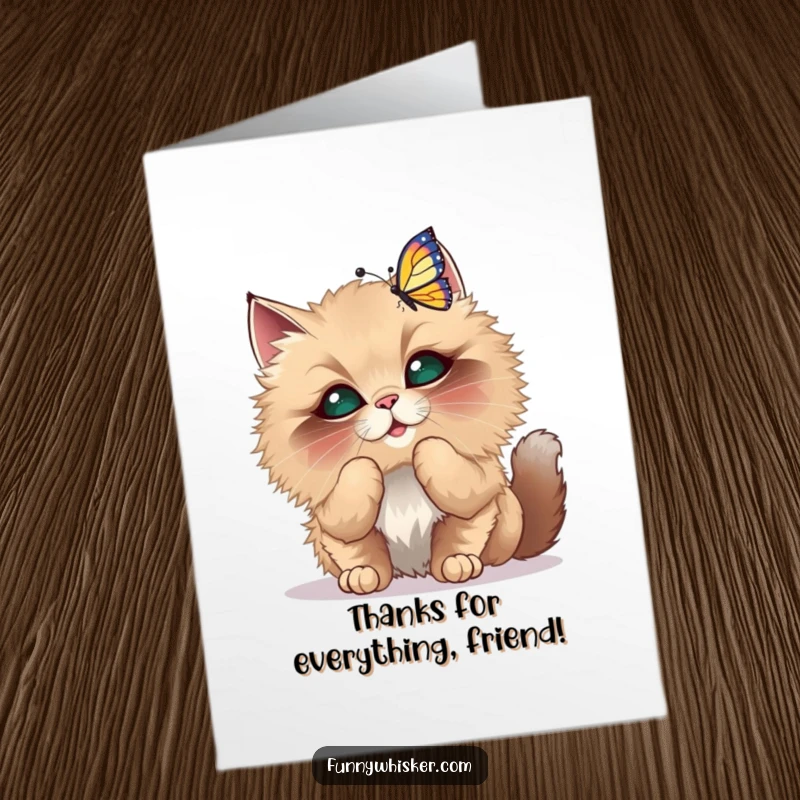 Funny Free Printable Thank You Card of a fluffy cat with oversized whiskers playfully batting at a dancing butterfly.