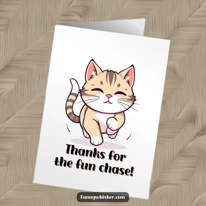Funny Free Printable Thank You Card depicting a cat with twitching whiskers, intensely focused on chasing its own tail.