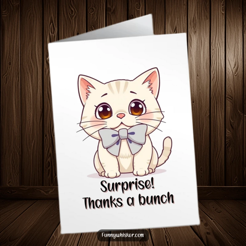 Funny Free Printable Thank You Card: Features a cat with a comically oversized bow adorning its whiskers, looking genuinely surprised. Simple print.