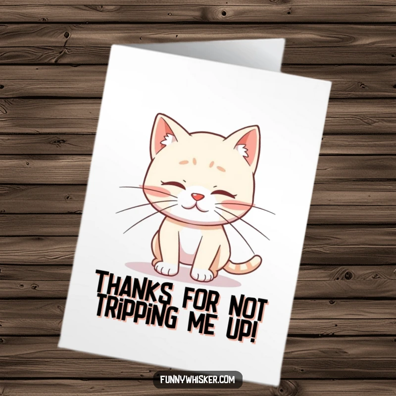 Funny free printable thank you card depicts a cat with long whiskers tripping over its own paws.