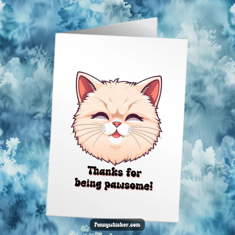 Funny Free Printable Thank You Card: Fluffy cat head with exaggerated, wiggling whiskers, sending thanks.