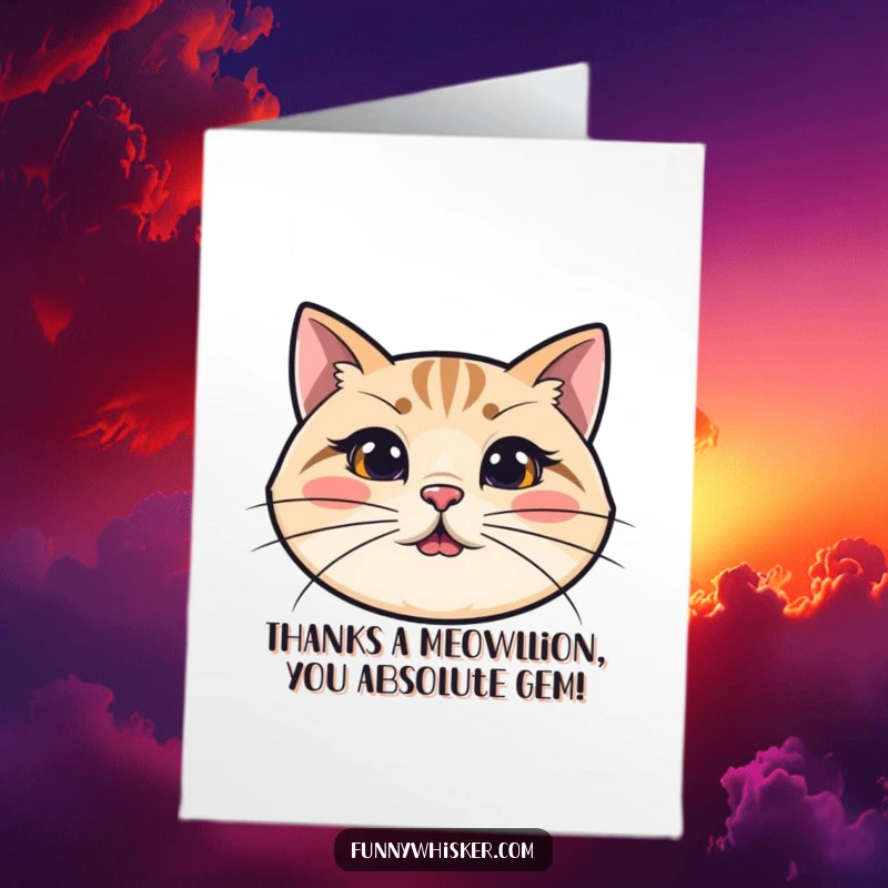 Funny Free Printable Thank You Card: A simplified cat head with incredibly long, wiggly whiskers, offering thanks!