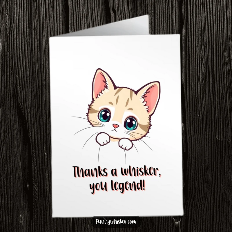 Funny Free Printable Thank You Card: Tiny cat peeking from behind a massive whisker, expressing gratitude playfully.