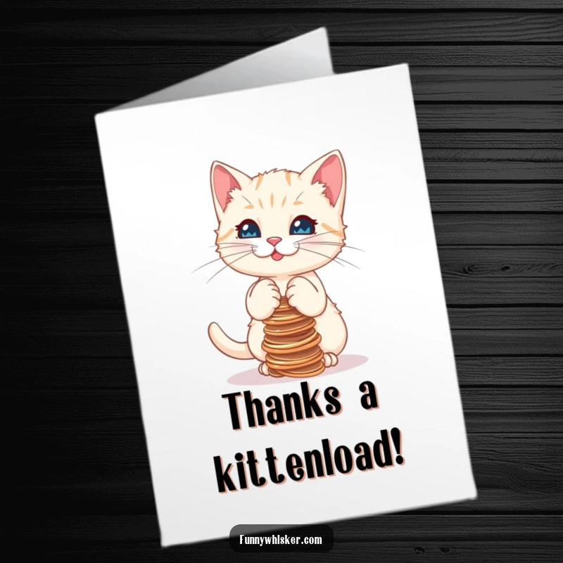 Funny Free Printable Thank You Card: A kitten tries to balance strings, expressing heartfelt, wobbly gratitude.