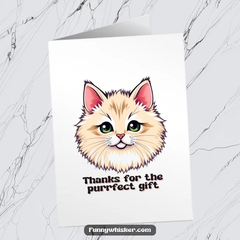 Funny Free Printable Thank You Card: A petite cat face peeking playfully through a large, cloud-like whisker tuft.