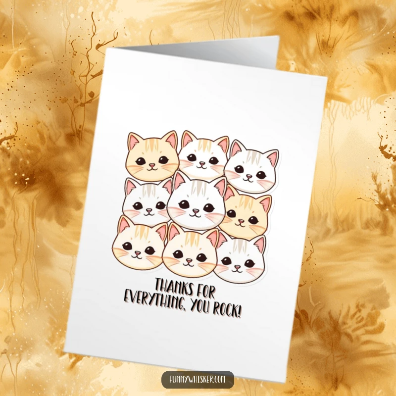Funny Free Printable Thank You Card: A group of small, round cat faces with vibrating whiskers, expressing thanks!