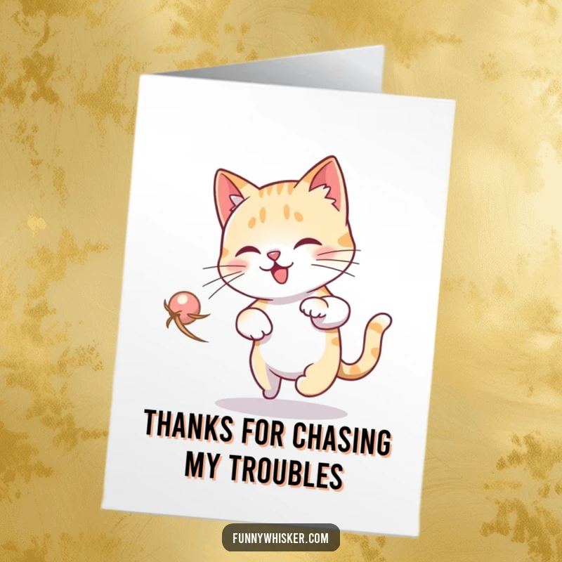 Funny Free Printable Thank You Card: A cat chasing its whisker in a dizzy circle, sending a uniquely fun thank you.