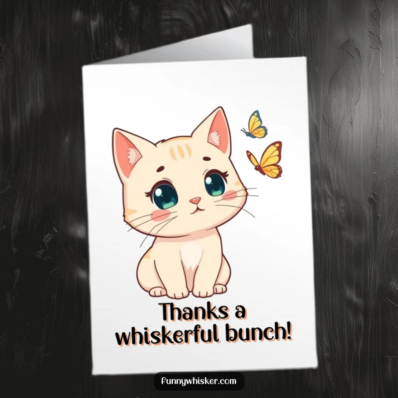 Funny Free Printable Thank You Card: A surprised cat with windswept whiskers and a butterfly, a whimsical way to say thanks.