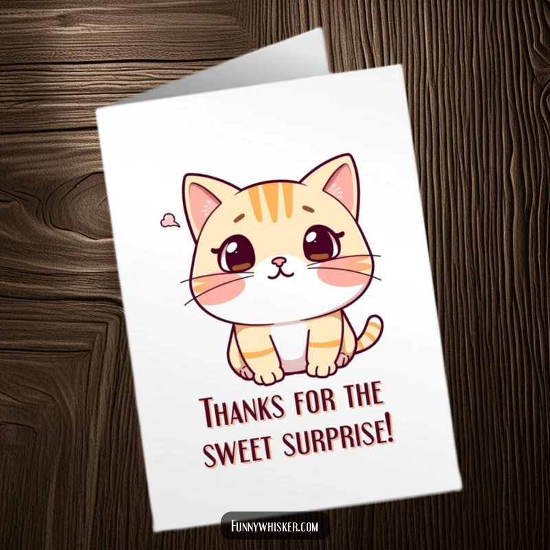 Funny Free Printable Thank You Card: Cat with wide eyes and recoiling whiskers, reacting to a small puff of air, a humorous thanks.