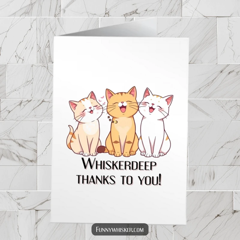 Funny Free Printable Thank You Card: A delightful group of cats with expressive whiskers sharing a moment of pure giggles.