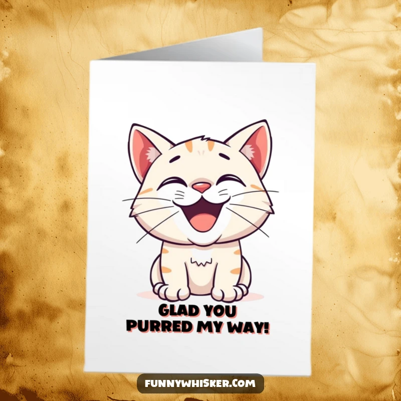 Funny Free Printable Thank You Card: A cat with a massive, excited grin and twitching whiskers expresses heartfelt thanks.