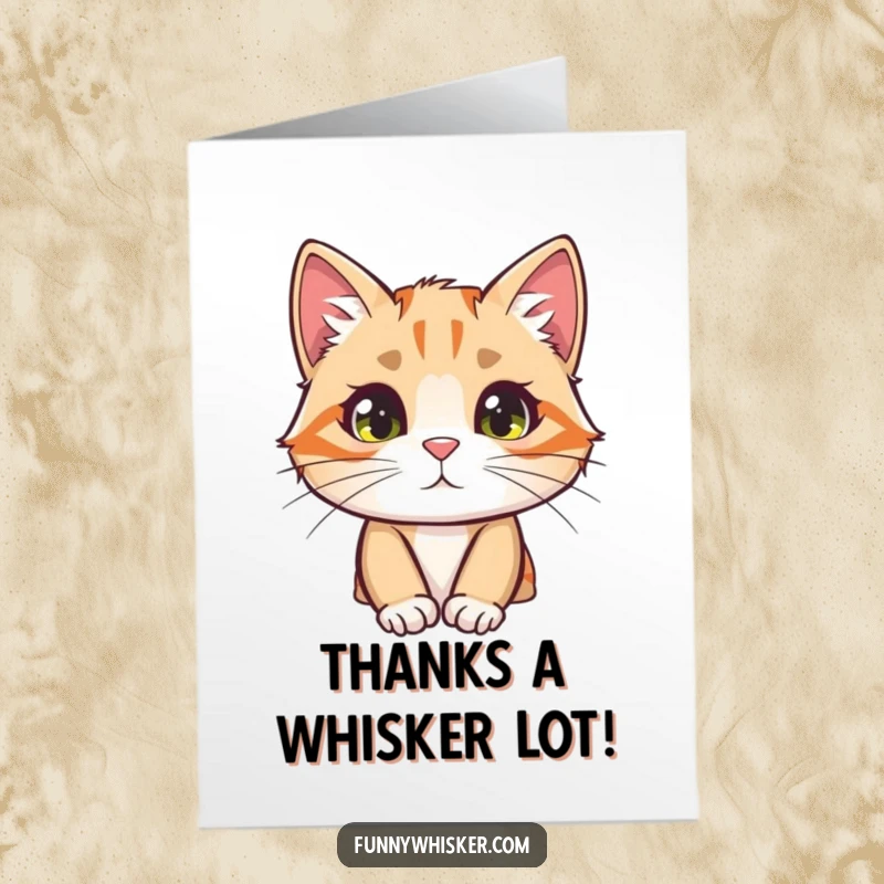 Funny Free Printable Thank You Card: Cat hiding behind a massive whisker, conveying thanks with a humorous, cute illustration.